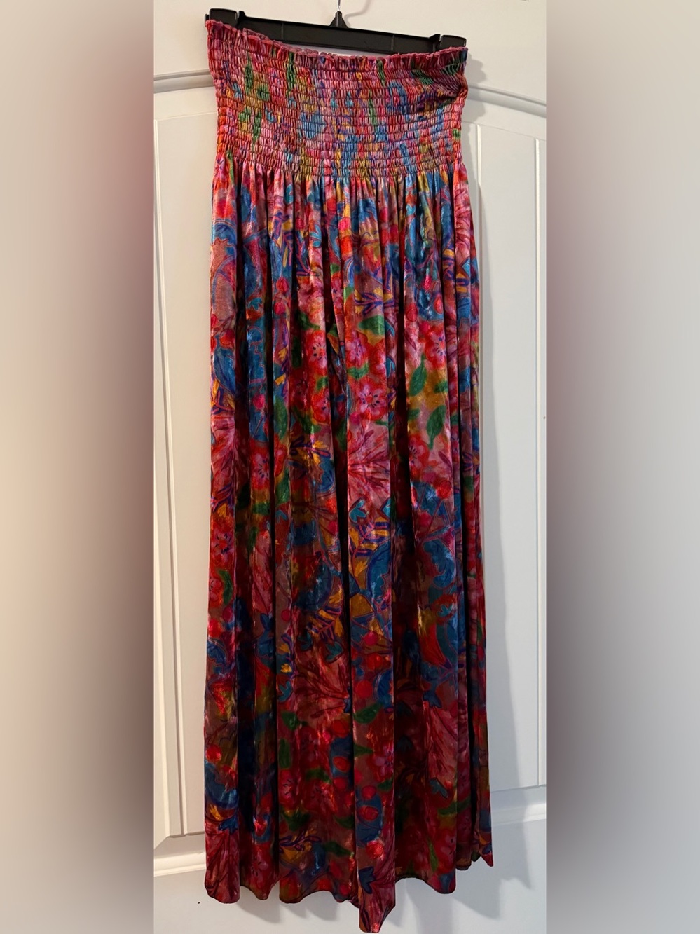 NATURAL LIFE Palazzo Colorful Velvet Pink and Blue Floral Wide-Leg Pants